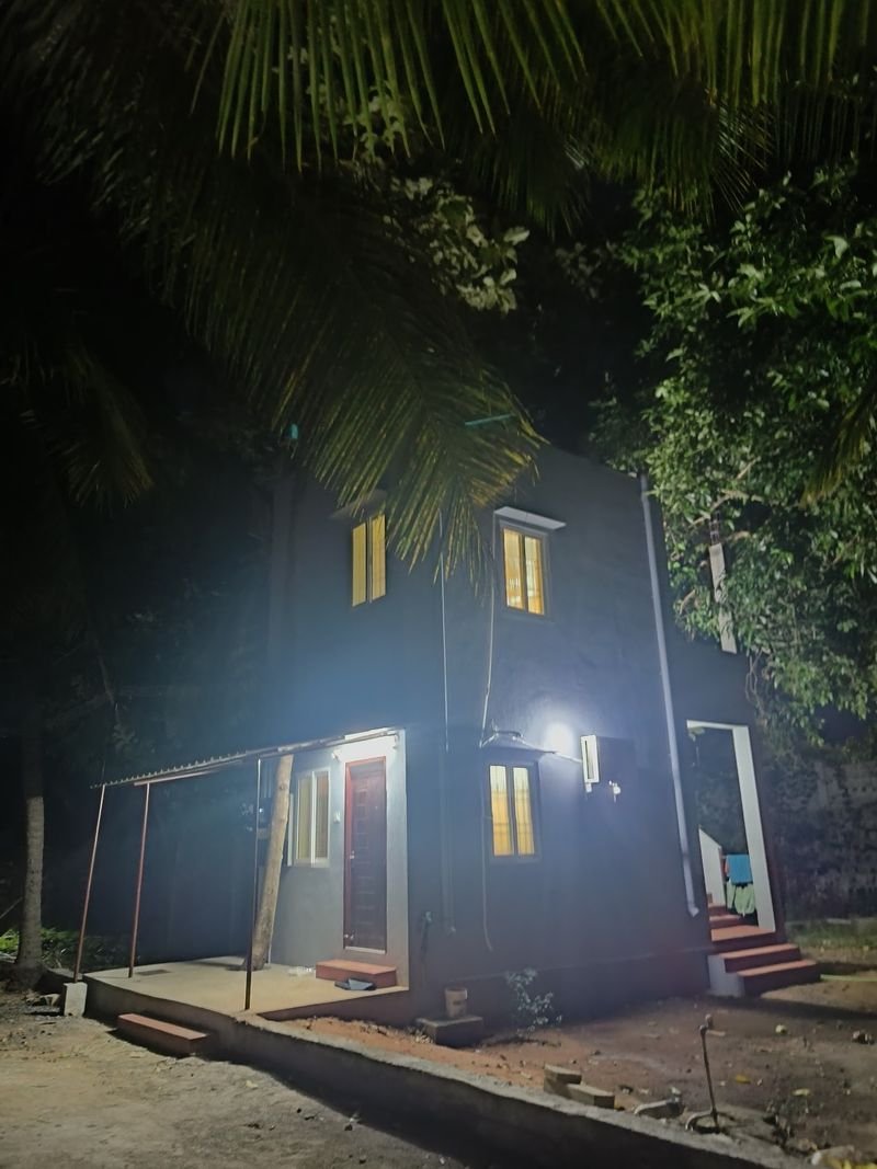 Lit building exterior at night