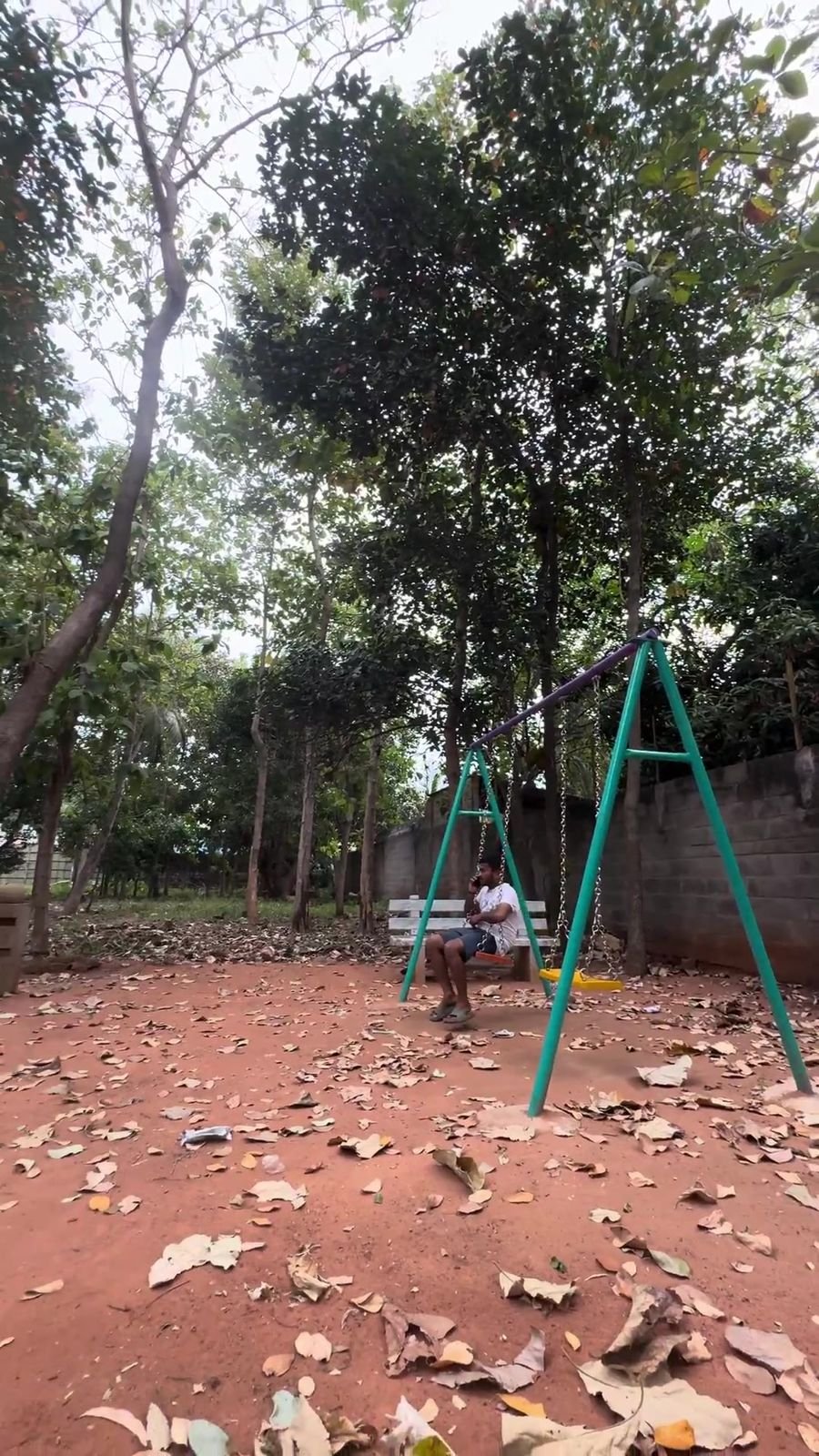 Teal swing set in the shaded children's park